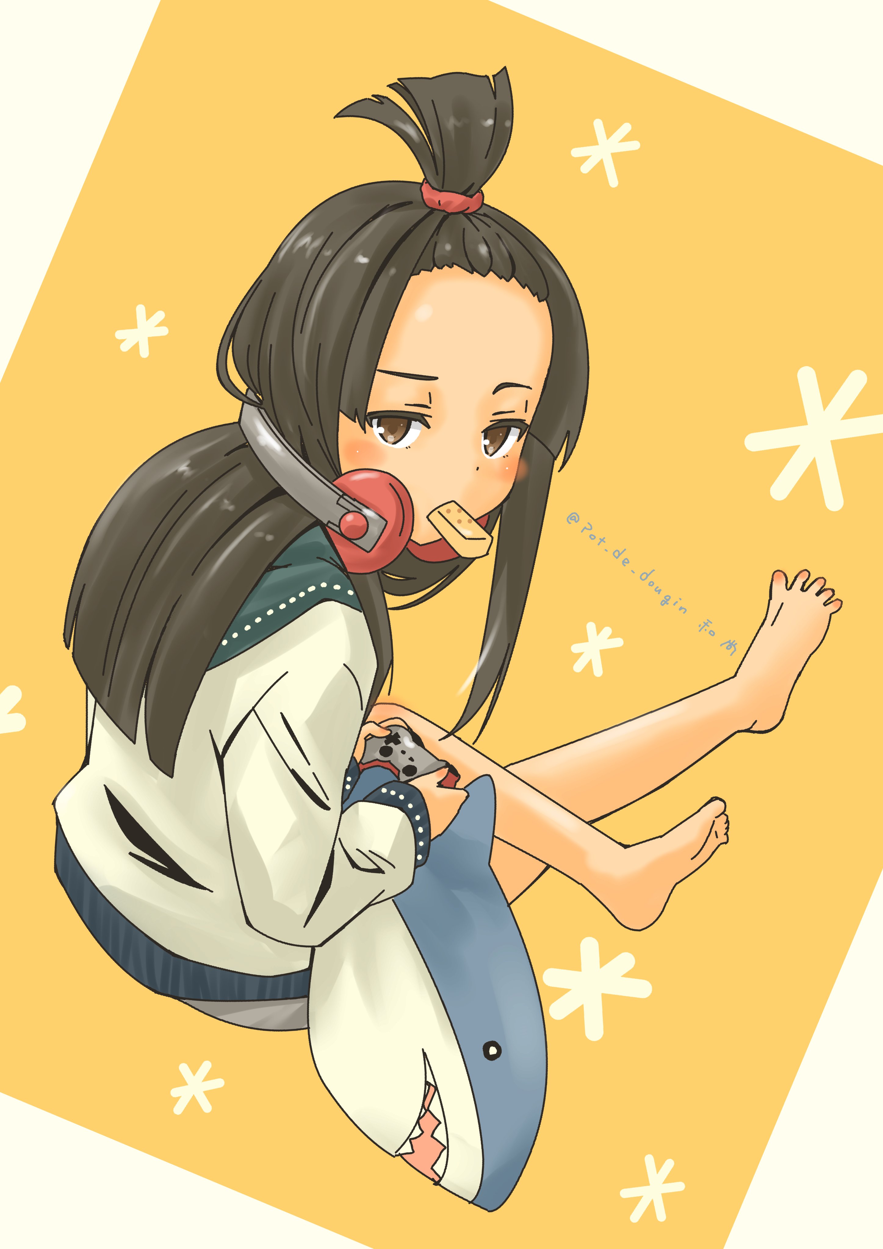 pot-de, hatsuyuki (kancolle), ikea shark, kantai collection, absurdres, commentary request, highres, 1girl, black hair, blush, brown eyes, controller, crossed legs, game controller, gamepad, long hair, long sleeves, looking at viewer, pleated skirt, sailor collar, school uniform, serafuku, sitting, skirt, solo, stuffed animal, stuffed shark, stuffed toy, winter uniform