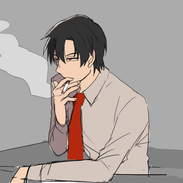 yashiro gaku, boku dake ga inai machi, commentary request, 1boy, arm support, atorekorate, black hair, cigarette, grey shirt, hair between eyes, long sleeves, male focus, necktie, red eyes, red necktie, shirt, short hair, sketch, smoke, smoke trail, smoking, solo, upper body