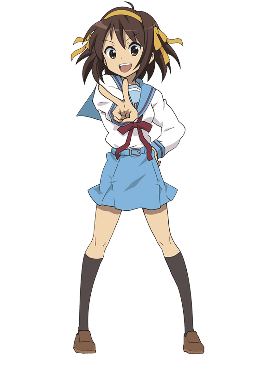 mana (gakuburu), suzumiya haruhi, suzumiya haruhi no yuuutsu, 00s, 1girl, brown eyes, brown hair, female focus, full body, hairband, hand on own hip, hip focus, school uniform, serafuku, simple background, solo, v, white background