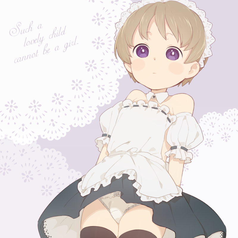 mosuko, light brown hair, bad id, bad pixiv id, copyright request, 1boy, blonde hair, brown hair, crossdressing, crossdressing (mtf), doily, dress, english text, male focus, panties, shota, skirt, solo, thighhighs, trap, underwear, upskirt, white panties