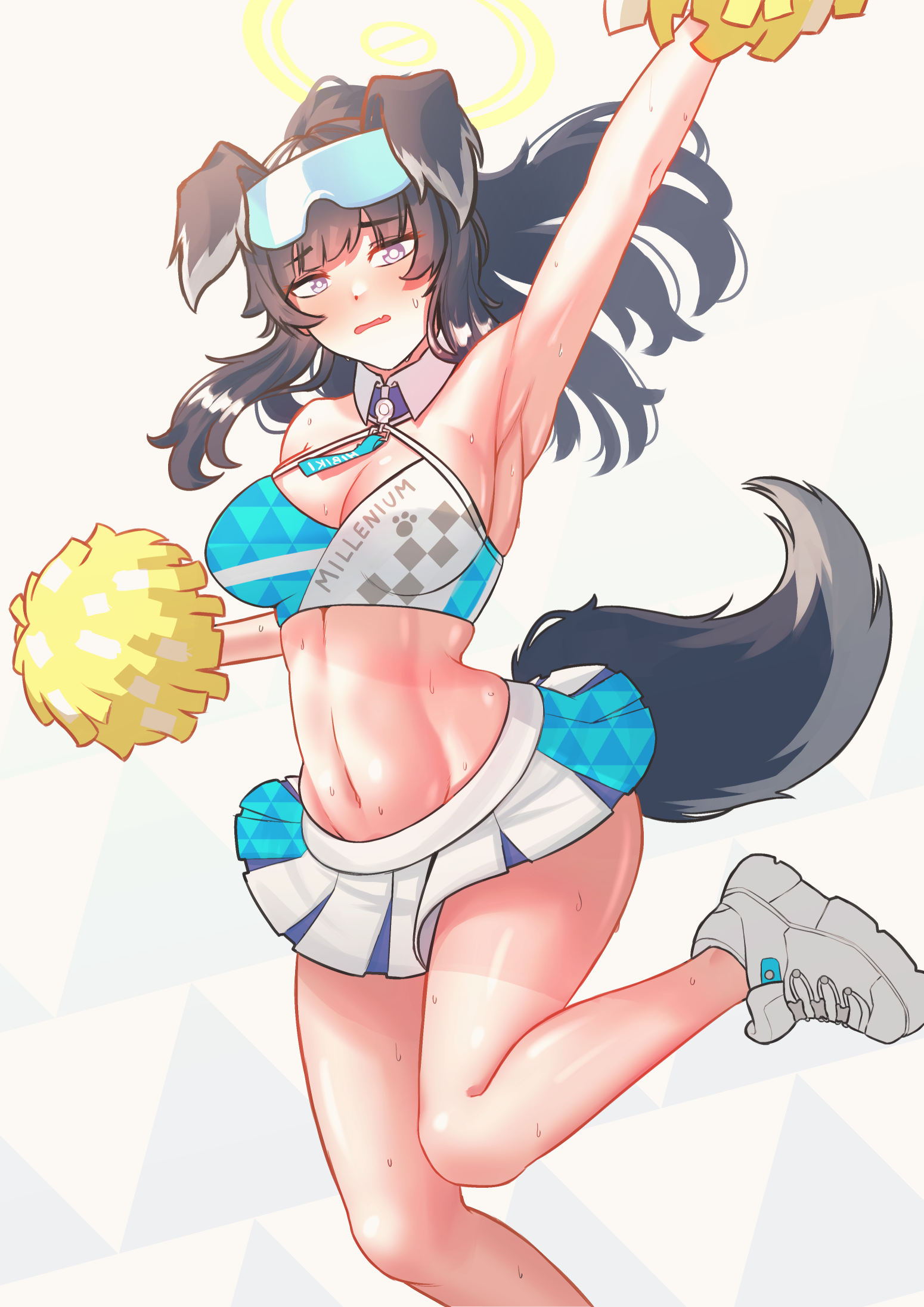 cipher4109, hibiki (blue archive), hibiki (cheer squad) (blue archive), blue archive, commentary, english commentary, highres, 1girl, animal ears, arm up, black hair, breasts, cheerleader, dog ears, dog girl, dog tail, full body, goggles, goggles on head, halo, holding, holding pom poms, long hair, looking at viewer, millennium cheerleader outfit (blue archive), navel, official alternate costume, open mouth, pom pom (cheerleading), pom poms, shoes, simple background, skirt, solo, sweat, sweatdrop, tail, white background, white shoes, yellow halo