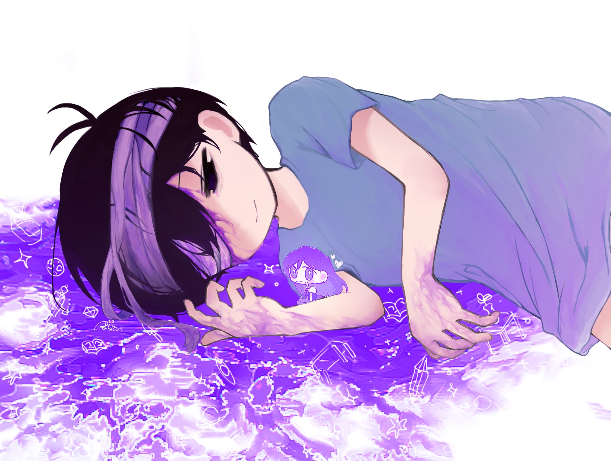 mari (headspace) (omori), mari (omori), sunny (hospital gown) (omori), sunny (omori), omori, commentary, highres, spoilers, 1boy, 1girl, antenna hair, bandaged head, bandages, black eyes, black hair, closed mouth, double-parted bangs, eyepatch, hair between eyes, hospital gown, looking at another, lying, medical eyepatch, mini person, minigirl, on side, potita 15, romaji commentary, short hair, short sleeves, simple background, smile, white background