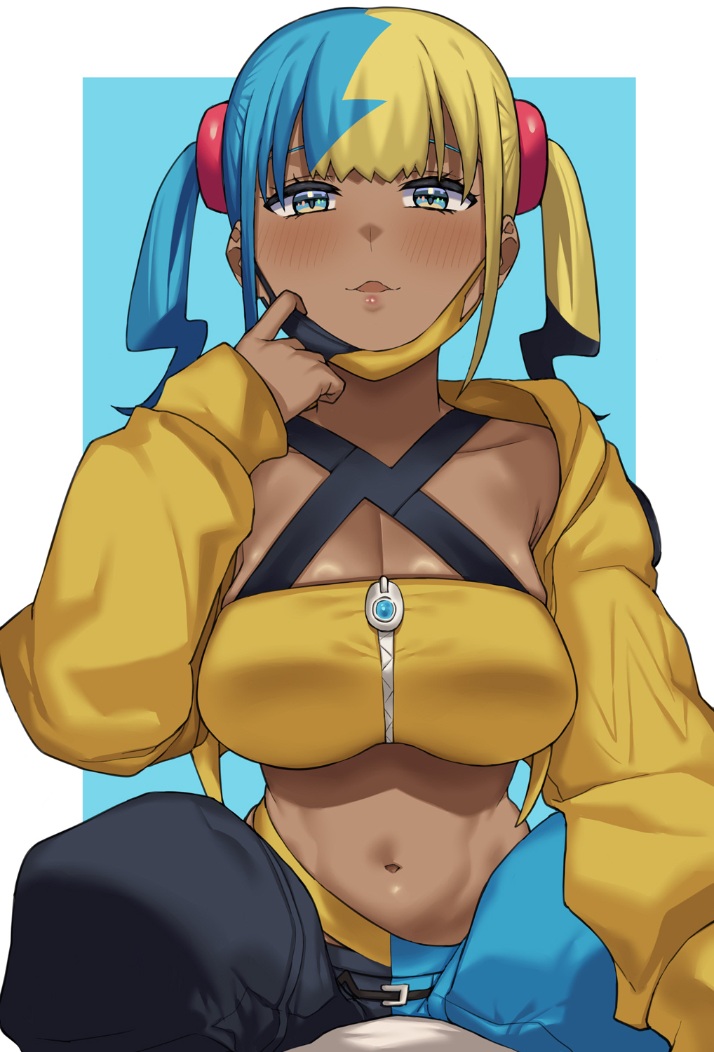 hai ookami, canari (pokemon), nintendo, pokemon, pokemon legends: z-a, commentary request, highres, 1girl, aqua hair, bandeau, black mask, blonde hair, blue eyes, blush, breasts, cleavage, collarbone, criss-cross straps, dark-skinned female, dark skin, jacket, large breasts, long sleeves, looking at viewer, mask, mask pull, mega stone, mouth mask, multicolored hair, navel, pants, short twintails, solo, split-color clothes, split-color hair, sports bra, stomach, twintails, two-tone hair, two-tone mask, two-tone pants, yellow bandeau, yellow jacket, yellow mask, yellow sports bra