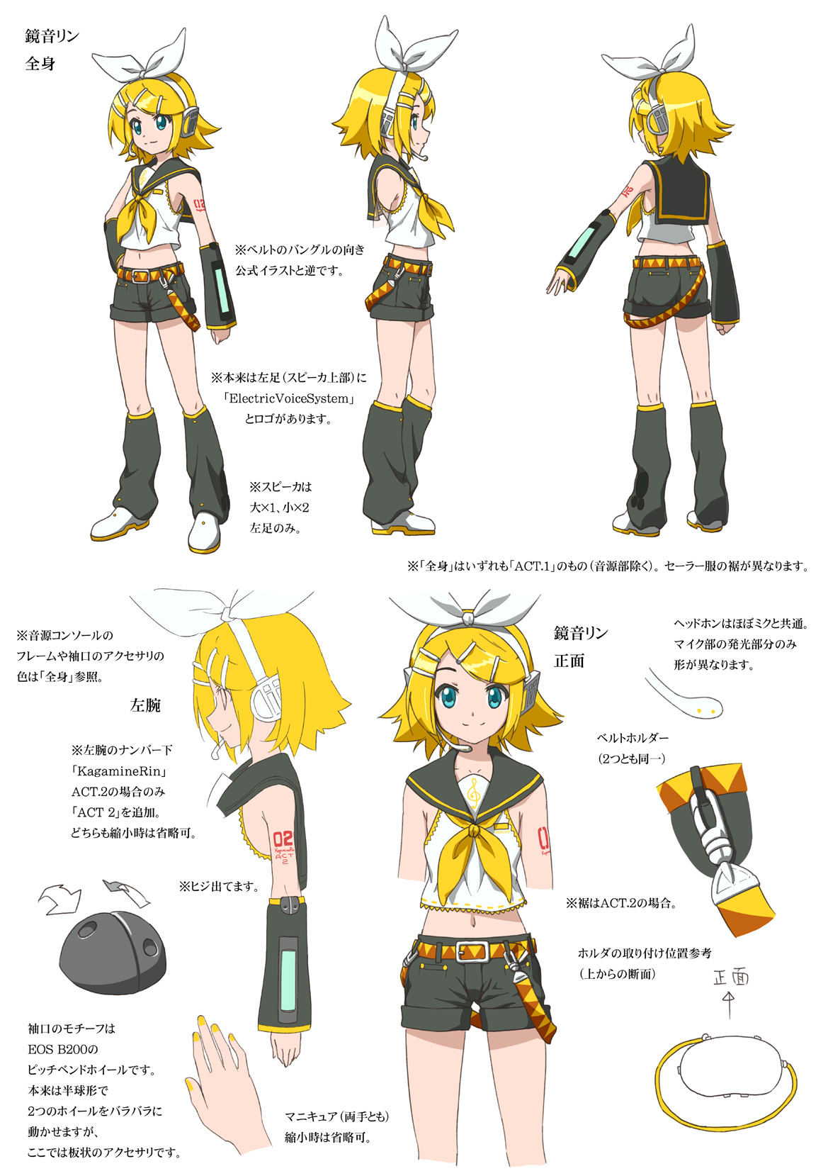 errant, kagamine rin, vocaloid, highres, partially translated, translation request, 1girl, aqua eyes, blonde hair, detached sleeves, hair ornament, hair ribbon, hairclip, headset, midriff, multiple views, nail polish, navel, reference sheet, ribbon, shorts, turnaround, yellow nails