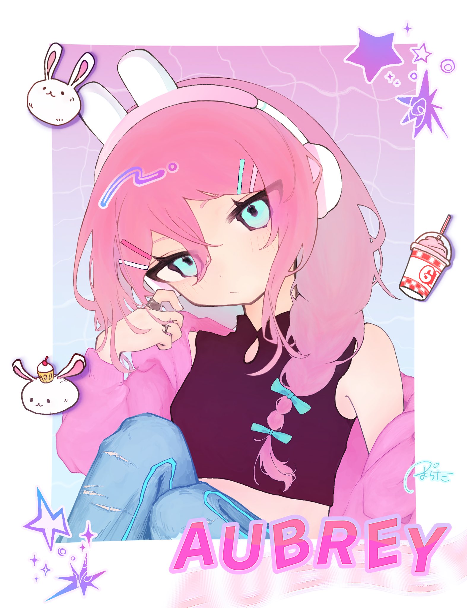 aubrey (birthday) (omori), aubrey (faraway) (omori), aubrey (omori), cupcake bunny (omori), forest bunny (omori), omori, commentary, english commentary, highres, 1girl, alternate hairstyle, animal ear headphones, animal ears, blue eyes, cardigan, character name, closed mouth, crop top, denim, double-parted bangs, fake animal ears, hair between eyes, hair ornament, hairclip, headphones, jeans, jewelry, knees up, long hair, long sleeves, looking at viewer, low twintails, official alternate costume, pants, parallel hairclips, pink cardigan, pink hair, potita 15, rabbit ear headphones, rabbit ears, ring, sidelocks, solo, twintails, upper body
