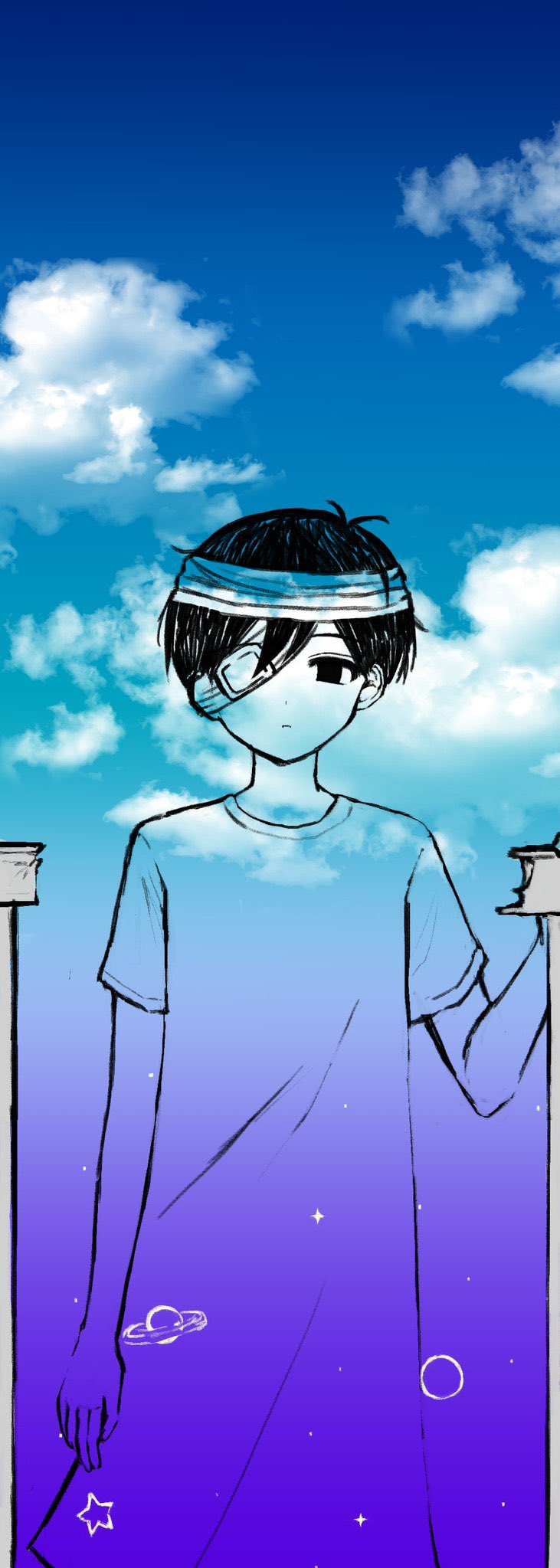 true erg, sunny (hospital gown) (omori), sunny (omori), omori, highres, spoilers, 1boy, antenna hair, blue sky, closed mouth, cloud, double-parted bangs, expressionless, eyepatch, hair between eyes, hospital gown, male focus, medical eyepatch, short hair, short sleeves, sky, solo