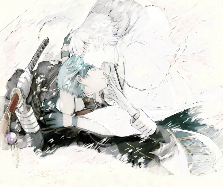 suou (sdurorhr), ichigo hitofuri, tsurumaru kuninaga, touken ranbu, commentary request, 2boys, black shirt, closed eyes, gloves, holding, holding sword, holding weapon, long hair, long sleeves, male focus, multiple boys, shirt, sword, weapon, white gloves, white hair, yaoi