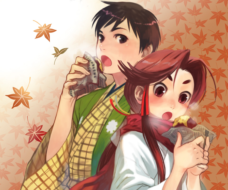 asami you, eyebrows, autumn, eating, food, japanese clothes, kimono, leaf, maple leaf, ponytail, red hair, scarf, sweet potato