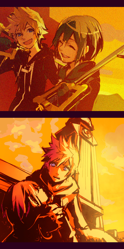 yuki ori, roxas, xion (kingdom hearts), kingdom hearts, kingdom hearts 358/2 days, spoilers, 1boy, 1girl, black coat (kingdom hearts), black hair, blonde hair, blue eyes, cloak, clock, clock tower, closed eyes, coat, couple, hetero, keyblade, short hair, smile, tower