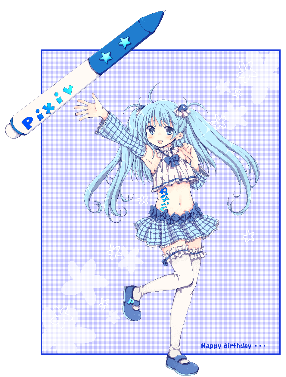 matsusaka gyuu, pixiv-tan, pixiv, bad id, bad pixiv id, highres, 1girl, armpits, blue eyes, blue hair, female focus, frilled thighhighs, frills, legs, long hair, mary janes, matching hair/eyes, midriff, navel, pen, shoes, skirt, solo, thighhighs, twintails, zettai ryouiki