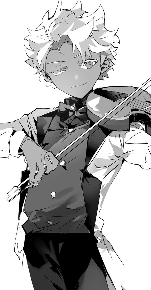 nana (ebitokanimiso), cookie run, bad id, bad twitter id, commentary, inactive account, painttool sai (medium), symbol-only commentary, 1boy, bishounen, bow, bowtie, cowboy shot, dark-skinned male, dark skin, greyscale, holding, holding instrument, holding violin, humanization, instrument, jacket, mint choco cookie, monochrome, music, one eye closed, pants, playing instrument, shirt, short hair, simple background, sketch, smile, solo, violin, white background