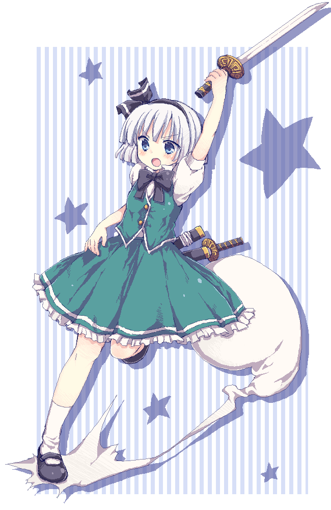matsusaka gyuu, konpaku youmu, konpaku youmu (ghost), touhou, silver hair, bad id, bad pixiv id, 1girl, arms up, blue eyes, blush, bob cut, bow, bowtie, buttons, female focus, fighting stance, full body, hairband, katana, mary janes, oekaki, open mouth, shoes, short hair, skirt, skirt set, solo, standing, standing on one leg, striped background, sword, weapon
