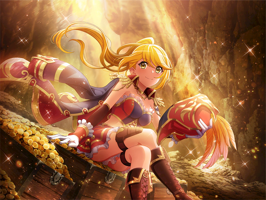 ootsuki aruru, shoujo kageki revue starlight, shoujo kageki revue starlight -re live-, game cg, official art, 1girl, bicorne, black jacket, blonde hair, boots, box, brown boots, closed mouth, coin, crossed legs, epaulettes, floating hair, gloves, hat, holding, holding unworn clothes, holding unworn hat, holster, jacket, jacket on shoulders, light rays, looking at viewer, ponytail, red skirt, sitting, skirt, smile, solo, thigh holster, unworn hat, unworn headwear, white gloves, yellow eyes