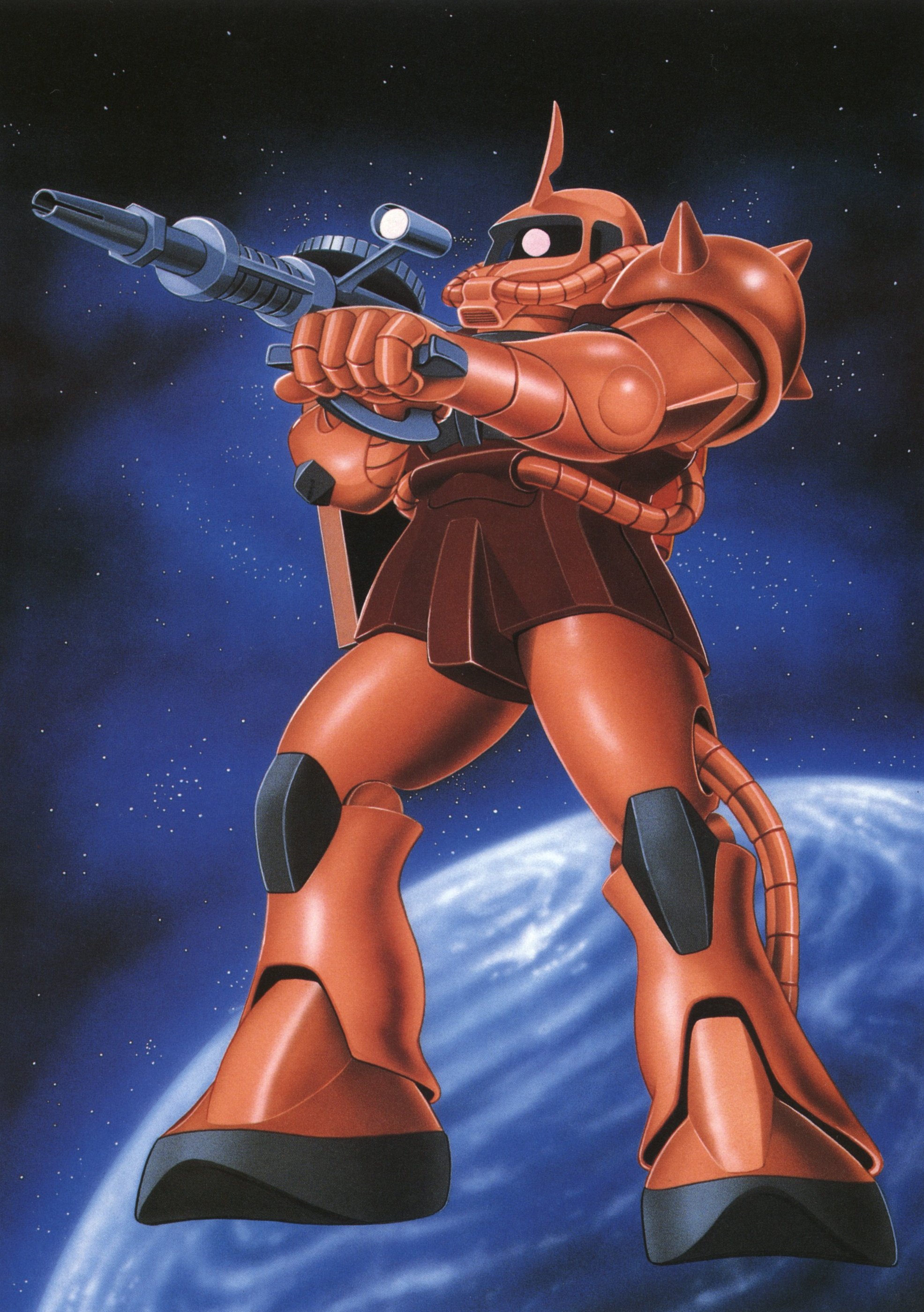 ookawara kunio, zaku, zaku ii, zaku ii s char custom, gundam, mobile suit gundam, absurdres, highres, official art, 1970s (style), earth (planet), floating, gun, machine gun, mecha, no humans, oldschool, planet, realistic, retro artstyle, rifle, robot, science fiction, space, star (sky), star (symbol), weapon