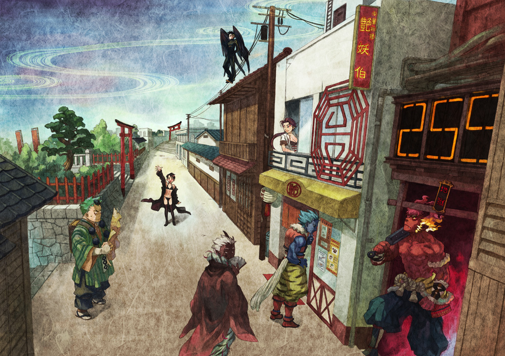 asami you, hitoko, original, 2girls, 5boys, cape, fantasy, multiple boys, multiple girls, oni, road, shrine, street, torii, vanishing point, wings