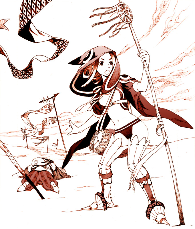 asami you, 1girl, fantasy, female focus, hood, koinobori, midriff, monochrome, red theme, solo, staff, thighhighs, windsock