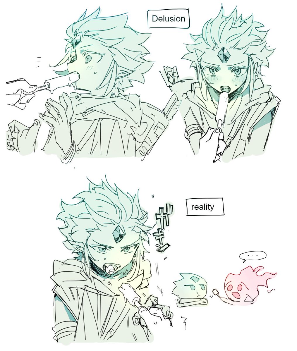 nana (ebitokanimiso), fire spirit cookie, wind archer cookie, cookie run, bad id, bad twitter id, commentary, highres, inactive account, painttool sai (medium), symbol-only commentary, 2boys, androgynous, arrow (projectile), bishounen, blush, eating, expectation vs. reality, fellatio, fiery hair, food, forehead jewel, green theme, humanization, implied yaoi, male focus, multiple boys, multiple monochrome, oral, phallic symbol, pointy ears, popsicle, quiver, sexually suggestive, short hair, simple background, simulated fellatio, sketch, solo focus, white background