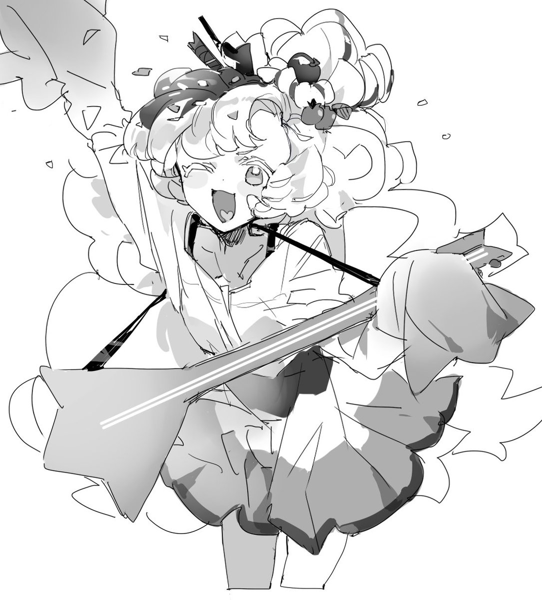 nana (ebitokanimiso), parfait cookie, cookie run, cookie run: kingdom, bad id, bad twitter id, highres, inactive account, painttool sai (medium), 1girl, ;d, blush, cropped legs, dress, food-themed hair ornament, greyscale, guitar, hair ornament, holding, holding guitar, holding instrument, humanization, idol, idol clothes, instrument, long hair, long sleeves, monochrome, one eye closed, open mouth, simple background, sketch, smile, solo, updo, white background