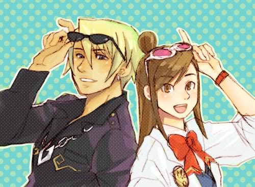 ema skye, klavier gavin, ace attorney, capcom, lowres, 1boy, 1girl, blonde hair, brown eyes, brown hair, chain, earrings, jewelry, lab coat, necklace, ribbon, sleeves rolled up, smile, sunglasses, watch