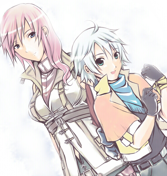 pochi (pixiv19310), hope estheim, lightning farron, final fantasy, final fantasy xiii, 10s, 1boy, 1girl, belt, blue eyes, coat, couple, gloves, green eyes, long hair, open mouth, pink hair, short hair, sleeveless, sleeveless turtleneck, trench coat, turtleneck, white hair