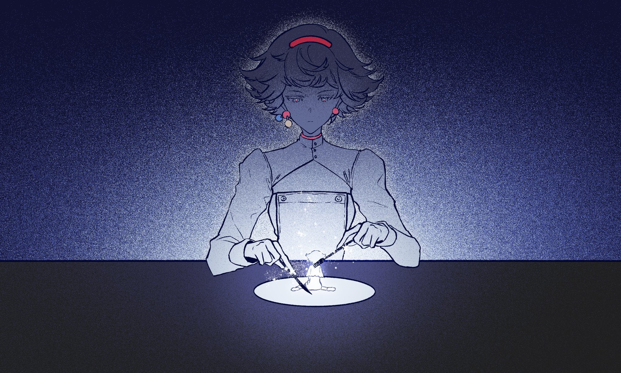 monuo518, mesmer jr., reverse:1999, commentary, english commentary, highres, 2girls, blue background, blue theme, cleavage cutout, clone, clothing cutout, dress, earrings, facing viewer, fork, hairband, holding, holding fork, holding knife, jewelry, knife, looking down, mini person, minigirl, multiple girls, on plate, plate, red hairband, short hair, solo focus