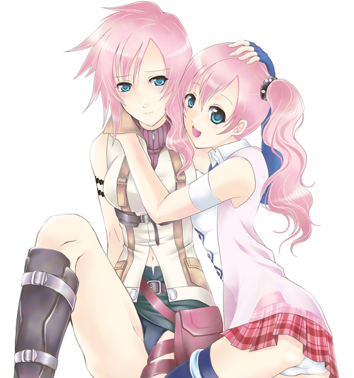 microspace, pochi (pixiv19310), lightning farron, serah farron, final fantasy, final fantasy xiii, 10s, 2girls, bare shoulders, belt, blue eyes, blush, boots, coat, fingerless gloves, gloves, hug, long hair, miniskirt, multiple girls, open mouth, panties, pantyshot, pink hair, ponytail, siblings, side ponytail, sisters, sitting, skirt, sleeveless, sleeveless turtleneck, smile, thigh strap, thighhighs, trench coat, turtleneck, underwear, upskirt, white panties