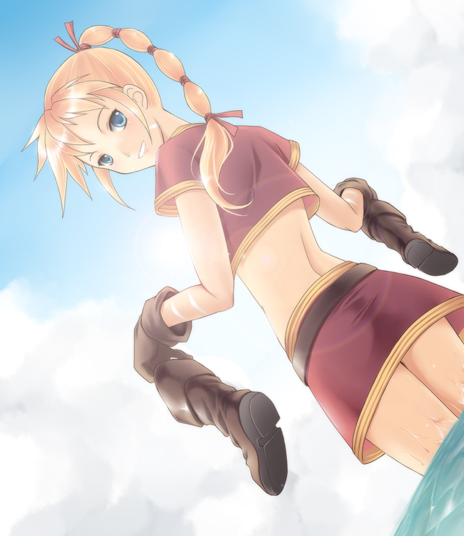 pochi (pixiv19310), kid (chrono cross), chrono (series), chrono cross, 1girl, belt, blonde hair, blue eyes, boots, cloud, female focus, long hair, looking back, miniskirt, outdoors, ponytail, skirt, sky, smile, solo, water