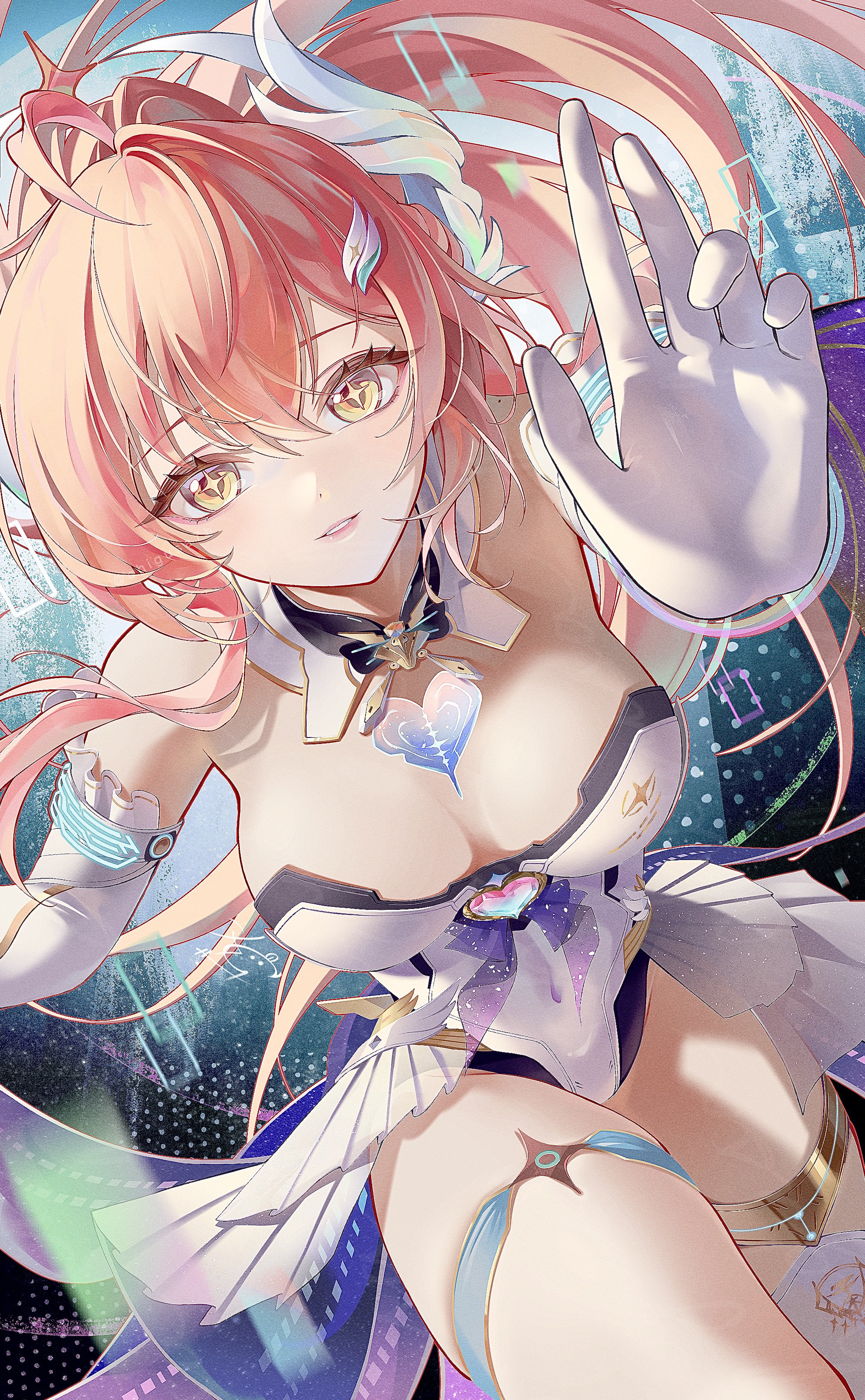 chigusa7h, aemeath (wuthering waves), wuthering waves, absurdres, commentary request, highres, 1girl, bare shoulders, breasts, covered navel, elbow gloves, gloves, hair ornament, hand up, jewelry, large breasts, leotard, light smile, long hair, looking at viewer, parted lips, pink hair, showgirl skirt, skirt, solo, star-shaped pupils, star (symbol), symbol-shaped pupils, tacet mark (wuthering waves), thighlet, thighs, white gloves, white leotard, white skirt