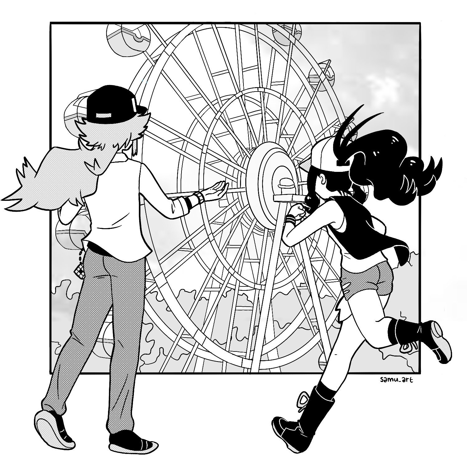 hilda (pokemon), n (pokemon), nintendo, pokemon, pokemon bw, commentary, english commentary, highres, 1boy, 1girl, baseball cap, black border, boots, border, bracelet, collared shirt, ferris wheel, from behind, greyscale, hair flaps, hair through headwear, halftone, hands up, hat, high ponytail, jewelry, kneehighs, lone nape hair, long hair, long sleeves, monochrome, outside border, pants, ponytail, running, samu.art, shirt, shoes, shorts, sidelocks, sky, sneakers, socks, tank top, torn clothes, torn shorts, tree, vest, void cube, wavy hair, white shirt, wristband