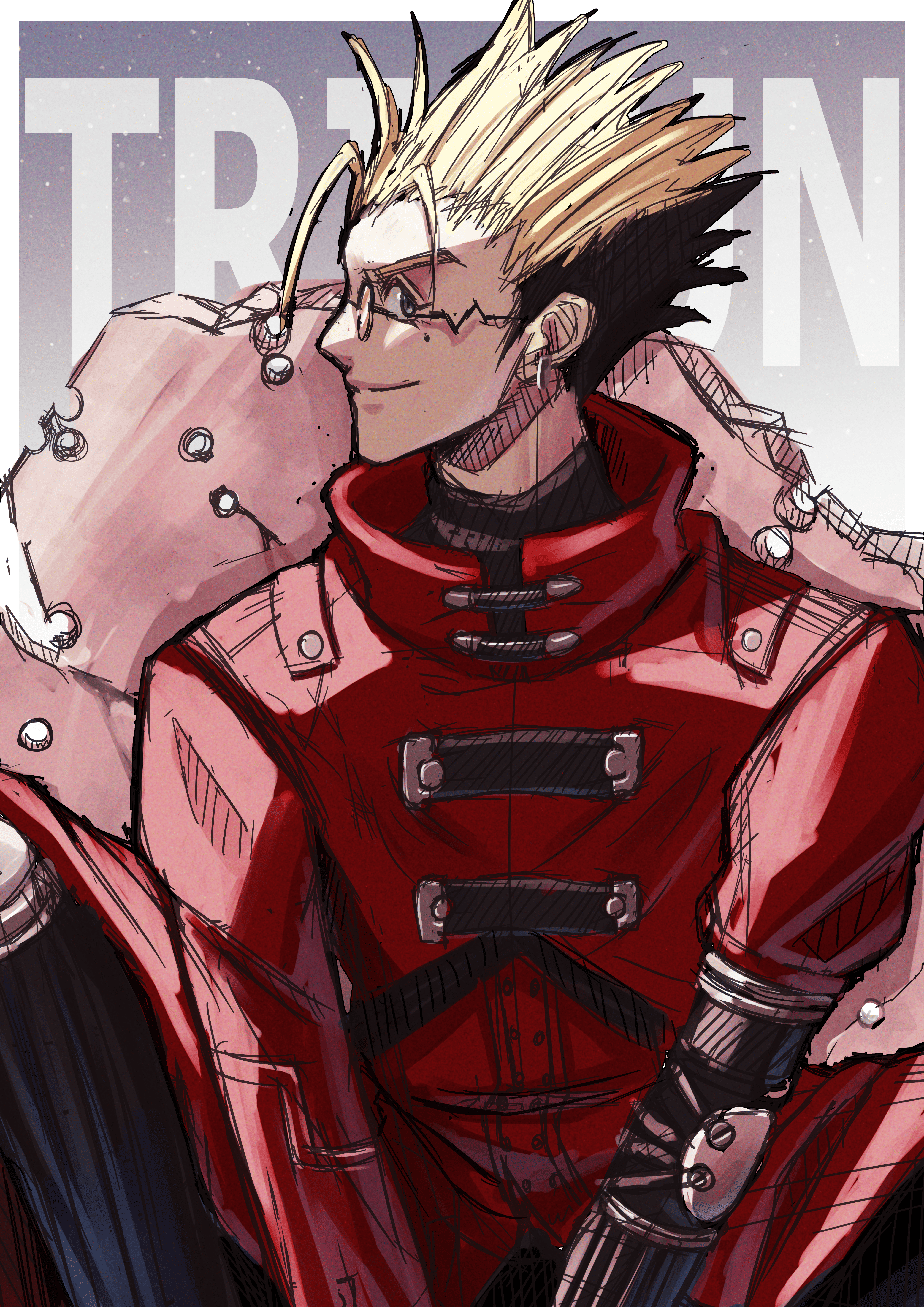 magurosamm, vash the stampede, trigun, absurdres, commentary request, highres, 1boy, bullet hole, closed mouth, coat, copyright name, earrings, jewelry, long sleeves, looking at viewer, male focus, mole, mole under eye, prosthesis, prosthetic arm, red coat, short hair, sitting, smile, solo, spiked hair, upper body