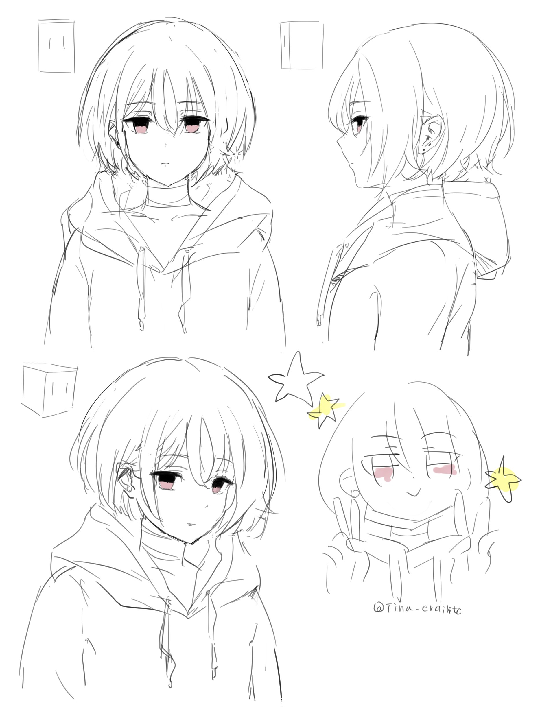 candy moon777, misaki (blue archive), blue archive, absurdres, commentary request, highres, 1girl, artist name, bandaged neck, bandages, crossed bangs, double v, ear piercing, empty eyes, from side, hair between eyes, hood, hood down, looking at viewer, multiple views, piercing, portrait, short hair, sketch, star (symbol), v, white background