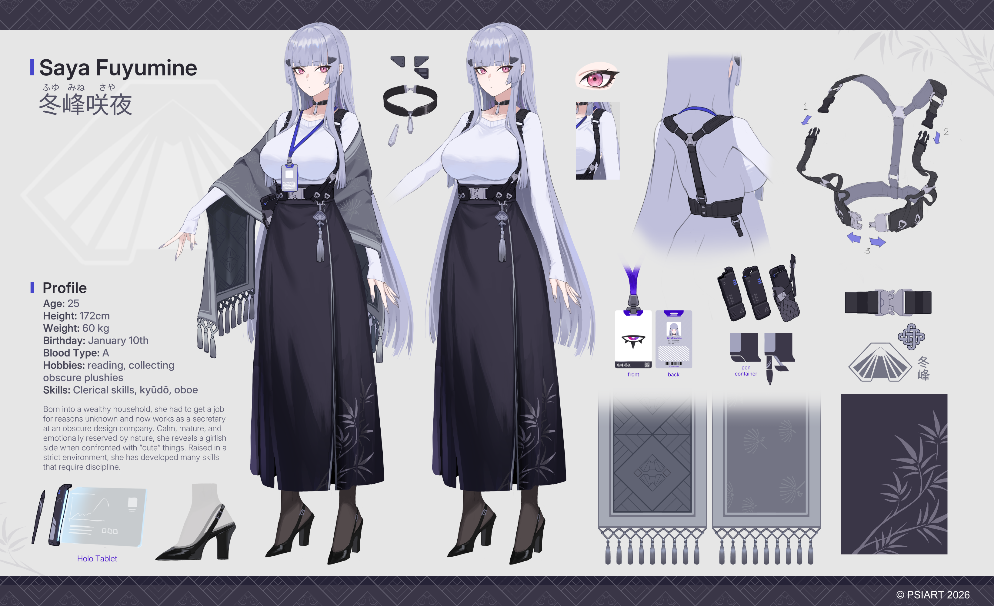 psidubs, original, absurdres, commentary request, highres, 1girl, artist logo, black choker, black skirt, blunt bangs, blunt ends, breasts, buckle, character name, character profile, chest harness, choker, closed mouth, collarbone, full body, grey shawl, hair ornament, harness, high-waist skirt, high heels, id card, lanyard, large breasts, logo, long hair, long skirt, long sleeves, multiple views, pink eyes, purple hair, reference sheet, saya (psidubs), shawl, shirt, skirt, sleeves past wrists, snap-fit buckle, standing, tablet pc, tassel, very long hair, white shirt