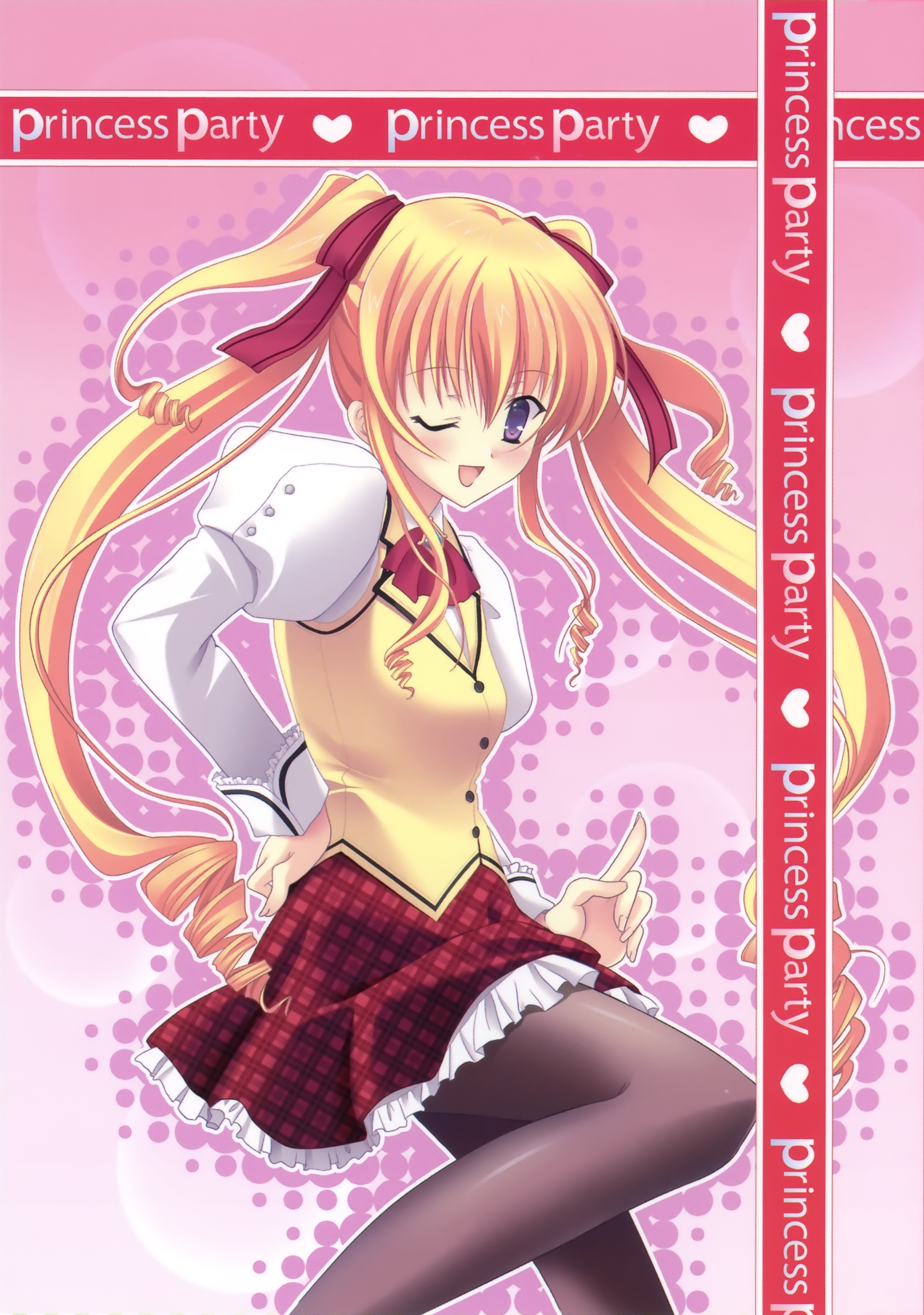 kayura yuka, onisaki yukari, princess party, plaid, absurdres, highres, scan, 1girl, blonde hair, drill hair, female focus, halftone, halftone background, long hair, one eye closed, pantyhose, purple eyes, skirt, solo, twintails, wink