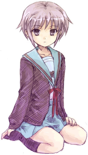 senntakuya, nagato yuki, suzumiya haruhi no yuuutsu, 00s, 1girl, female focus, kneehighs, purple hair, school uniform, serafuku, short hair, socks, solo