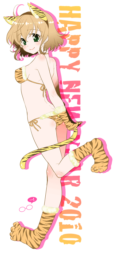 shuragyoku mami, natalia luzu kimlasca lanvaldear, tiger (chinese zodiac), tales of (series), tales of the abyss, 00s, 10s, 1girl, 2010, animal ears, animal print, bikini, brown hair, cat ears, cat tail, chinese zodiac, female focus, full body, green eyes, new year, short hair, solo, standing, standing on one leg, swimsuit, tail, tiger print, transparent background, walking