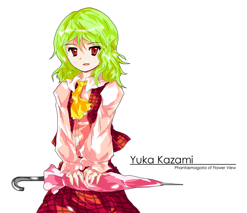 formless god, kazami yuuka, touhou, 1girl, alphes (style), ascot, character name, closed umbrella, copyright name, female focus, green hair, open mouth, parody, plaid clothes, plaid skirt, plaid vest, red eyes, skirt, skirt set, solo, style parody, umbrella, vest