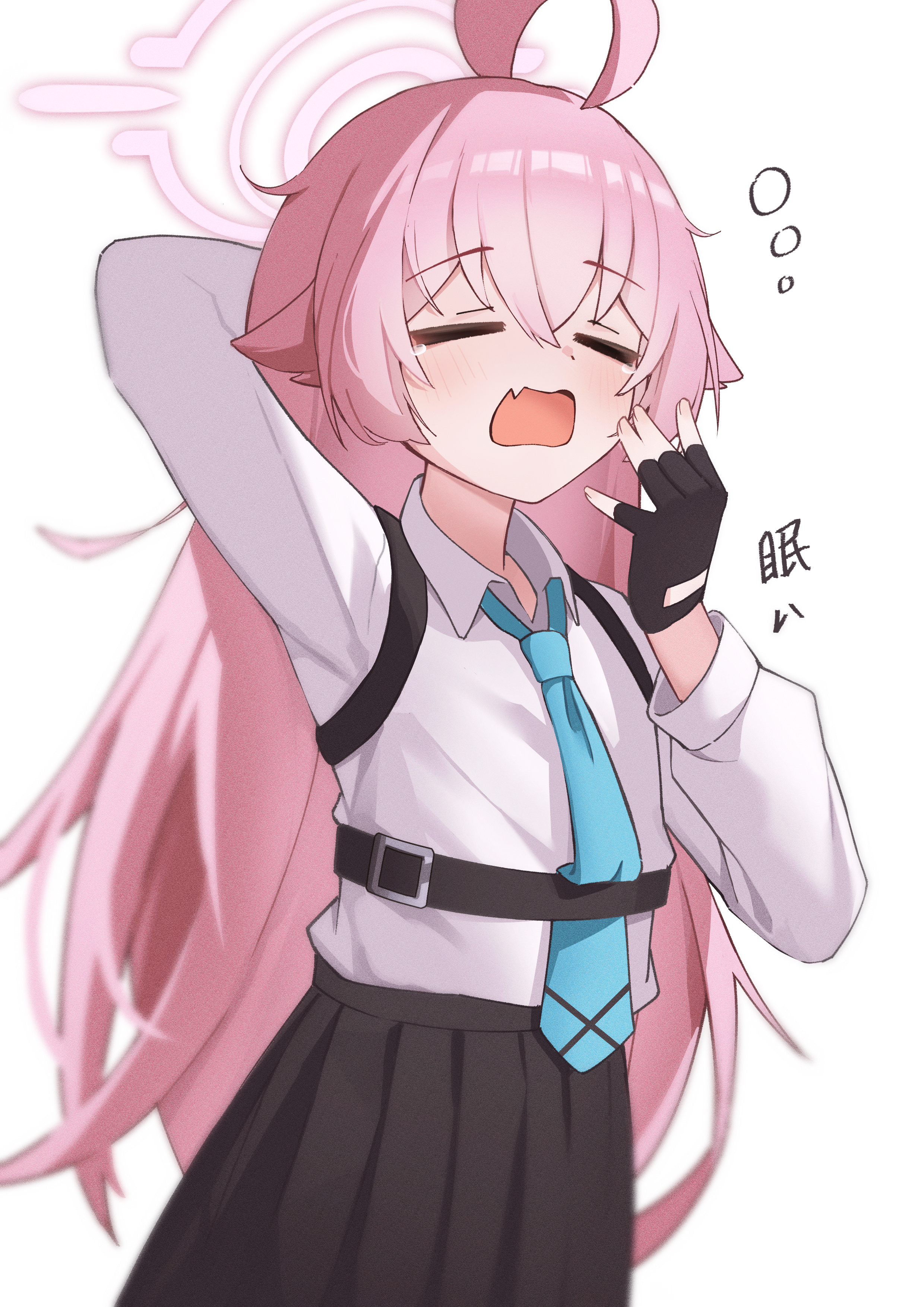chyuukaa0124, hoshino (blue archive), blue archive, absurdres, commentary, highres, 1girl, ahoge, arm behind head, black gloves, black skirt, blue necktie, chest harness, closed eyes, collared shirt, fang, fingerless gloves, gloves, halo, hand to own mouth, harness, huge ahoge, long hair, necktie, open mouth, pink hair, pink halo, pleated skirt, shirt, simple background, skin fang, skirt, sleepy, solo, squeans, tears, upper body, white background, white shirt, yawning