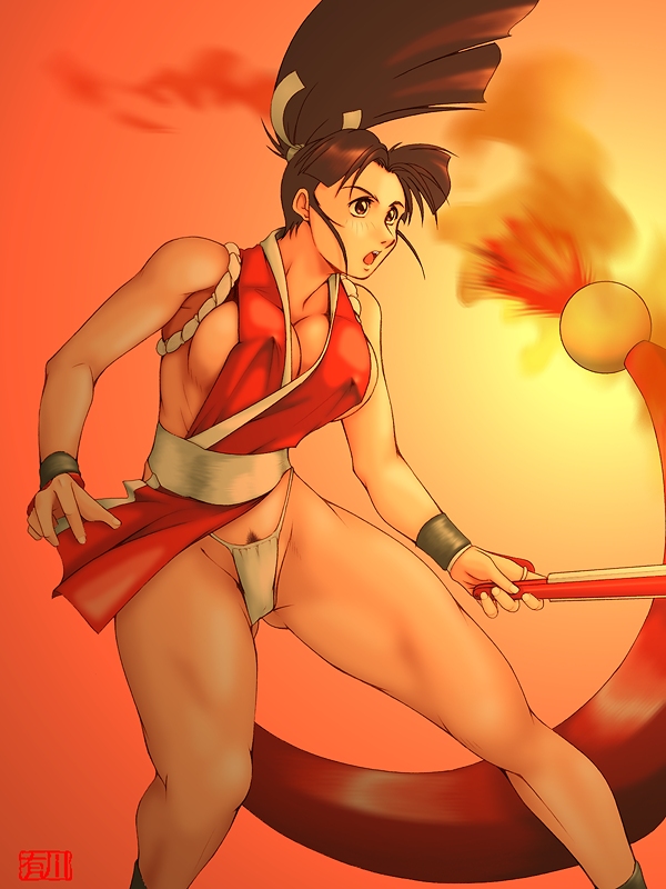 qkat (arikawa-dou), shiranui mai, capcom, fatal fury, snk, the king of fighters, 1girl, breasts, brown eyes, brown hair, cleavage, covered erect nipples, female focus, female pubic hair, gradient background, hand fan, huge breasts, pubic hair, rope, simple background, solo, thong, wristband