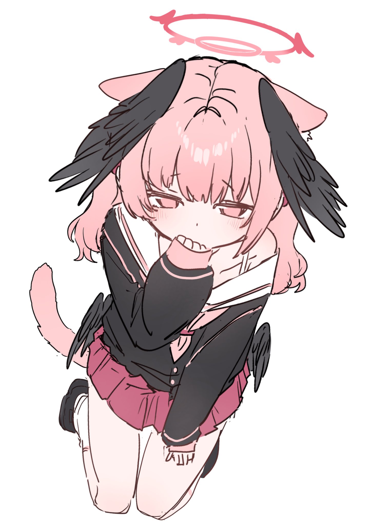 koharu (blue archive), blue archive, commentary, highres, symbol-only commentary, 1girl, animal ears, black shirt, black shoes, black wings, blush, cat ears, cat tail, covering own mouth, feathered wings, from above, halo, head wings, kanai ouo, kneeling, long sleeves, looking at viewer, low wings, neckerchief, off shoulder, pink eyes, pink hair, pink halo, pink neckerchief, pink skirt, pleated skirt, red skirt, sailor collar, school uniform, shirt, shoes, simple background, single bare shoulder, skirt, sleeves past wrists, socks, solo, tail, twintails, white background, white sailor collar, white socks, wings