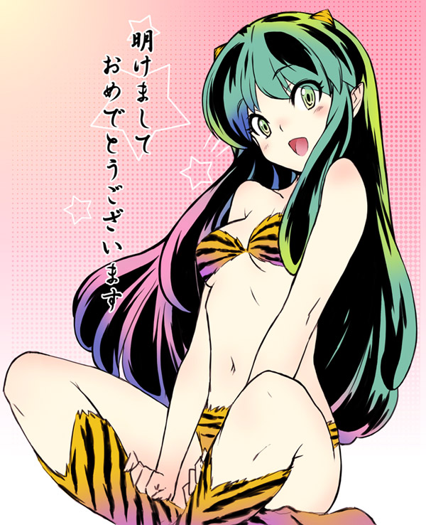 kawata hisashi, lum, urusei yatsura, 1girl, animal print, bikini, cone horns, female focus, horns, multicolored hair, new year, oni, small horns, solo, star (symbol), swimsuit, tiger print