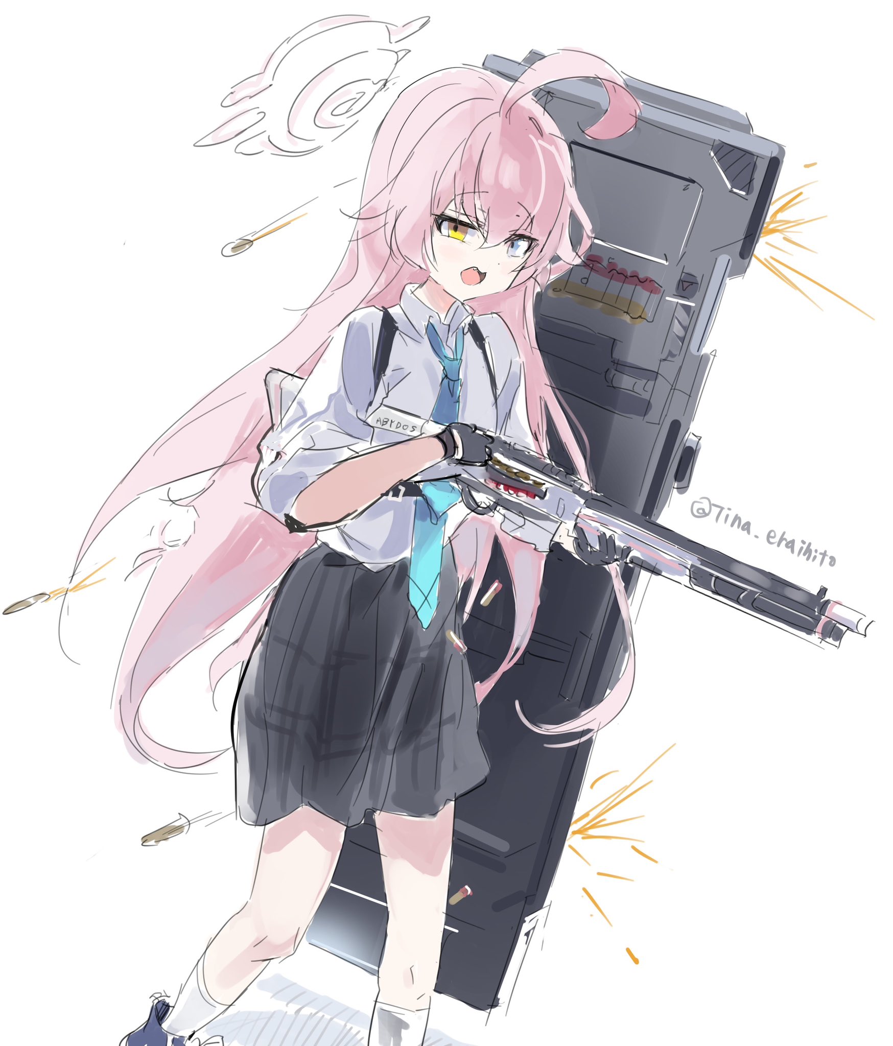 candy moon777, hoshino (blue archive), blue archive, commentary, highres, 1girl, ahoge, ballistic shield, beretta 1301, black gloves, black shoes, blue necktie, chest strap, collared shirt, gloves, gun, holding, holding gun, holding weapon, long hair, necktie, pleated skirt, projectile trail, shield, shirt, shoes, shotgun, sketch, skirt, socks, solo, sparks, standing, very long hair, weapon, white shirt, white socks