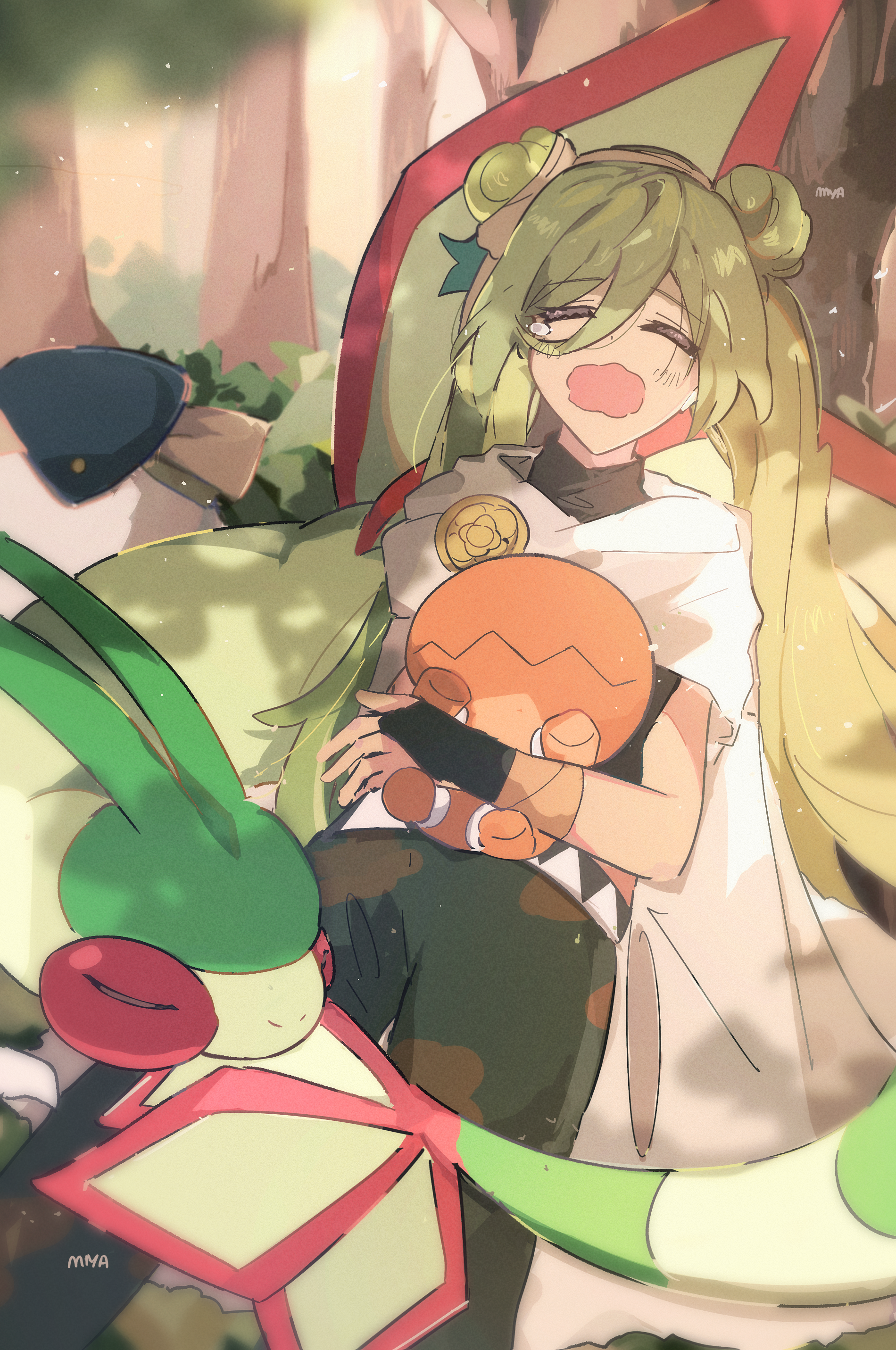 miya (ikanyaide), dragon miku (project voltage), flygon, hatsune miku, trapinch, nintendo, pokemon, project voltage, vocaloid, absurdres, commentary, highres, symbol-only commentary, 1girl, black pants, closed eyes, double bun, dragon, fingerless gloves, forest, gen 3 pokemon, gloves, green wings, hair between eyes, hair bun, holding, holding pokemon, nature, open mouth, pants, pokemon (creature), sleeping, tree, twintails, wings