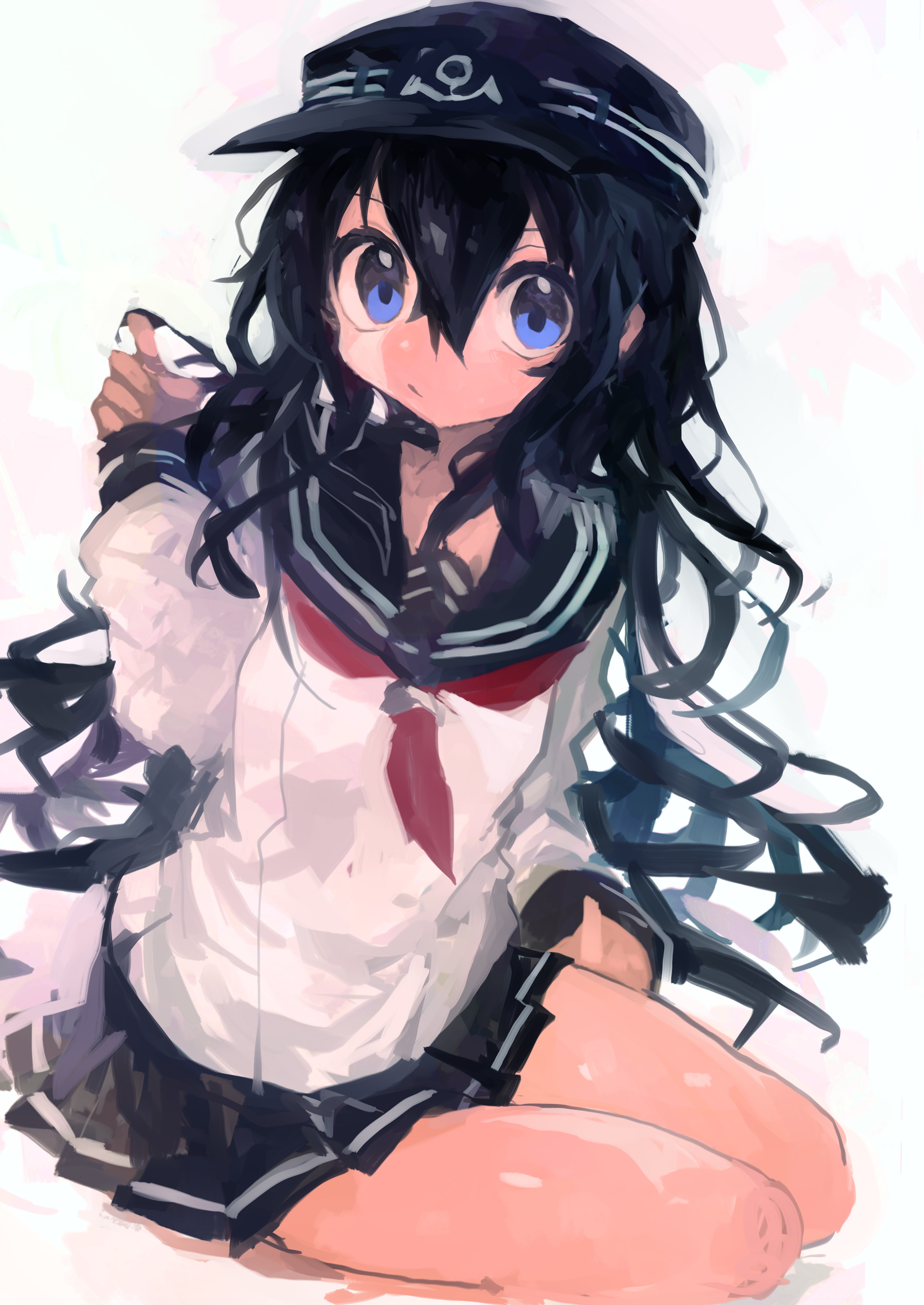 kaamin (mariarose753), akatsuki (kancolle), kantai collection, absurdres, commentary, highres, 1girl, anchor symbol, black hair, black hat, black sailor collar, black skirt, blue eyes, closed mouth, flat cap, hair between eyes, hat, long hair, long sleeves, looking at viewer, neckerchief, pleated skirt, red neckerchief, sailor collar, school uniform, serafuku, simple background, sitting, skirt, solo, very long hair, white background