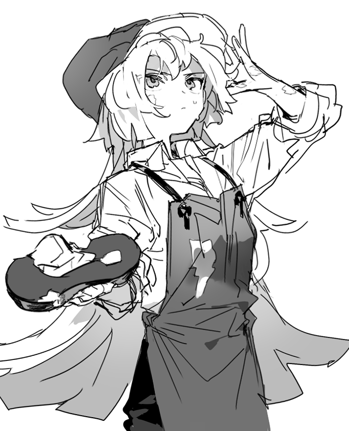 nana (ebitokanimiso), butter pretzel cookie, cookie run, cookie run: ovenbreak, bad id, bad twitter id, commentary, inactive account, painttool sai (medium), symbol-only commentary, 1girl, apron, collared shirt, hat, holding, holding paint palette, humanization, long hair, looking up, newsboy cap, paint palette, shirt, simple background, sketch, smock, solo, very long hair, white background