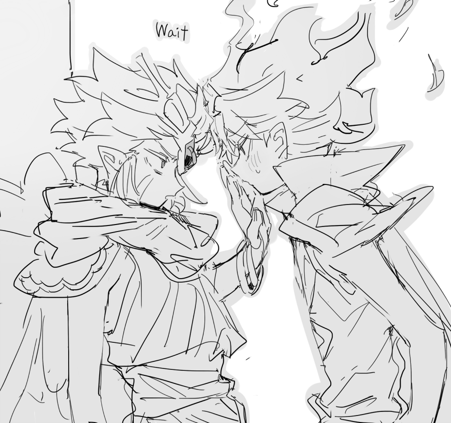 nana (ebitokanimiso), fire spirit cookie, wind archer cookie, cookie run, bad id, bad twitter id, inactive account, painttool sai (medium), 2boys, blush, cape, english text, fiery hair, greyscale, headgear, humanization, male focus, monochrome, multiple boys, pointy ears, scarf, short hair, simple background, sketch, white background, yaoi