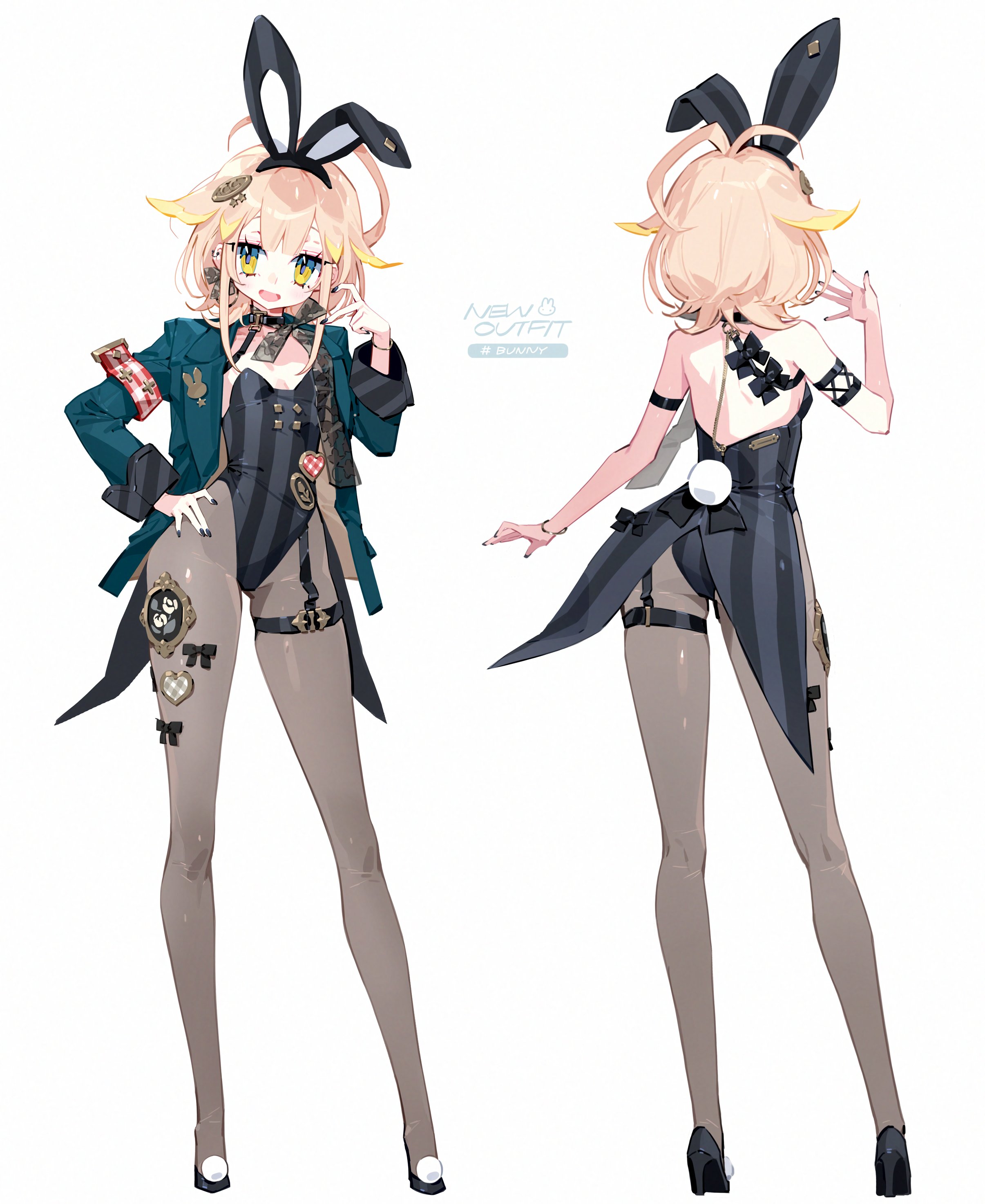 hinia, absurdres, character request, commentary, highres, symbol-only commentary, 1girl, animal ears, armband, black leotard, blonde hair, breasts, fake animal ears, fake tail, full body, hand on own hip, high heels, jacket, leotard, multiple views, open mouth, pantyhose, playboy bunny, rabbit ears, rabbit tail, reference sheet, simple background, small breasts, smile, tail, virtual youtuber, white background, yellow eyes