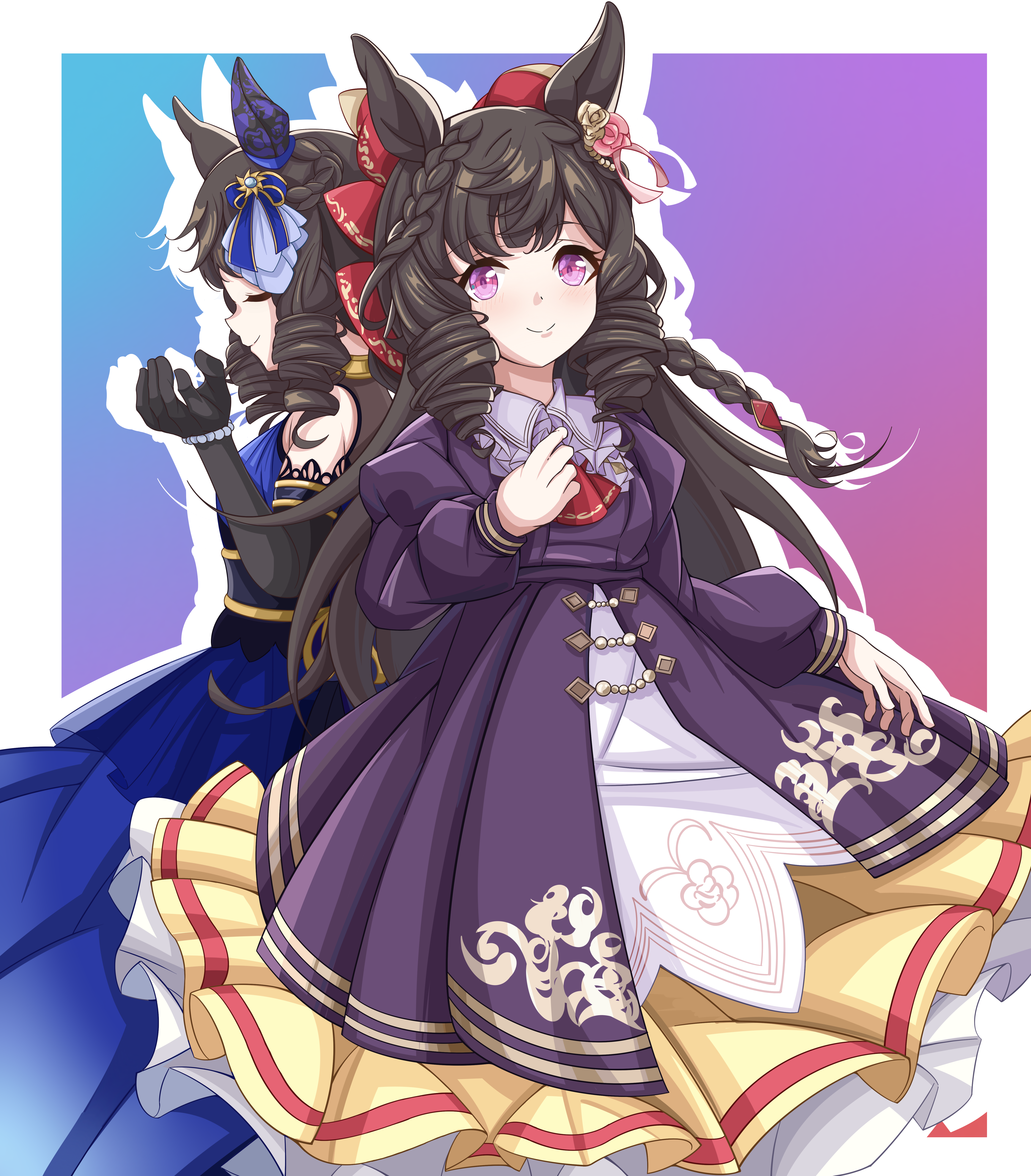 xiaofeng, daiichi ruby (brilliant red gemstone) (umamusume), daiichi ruby (flowing blue) (umamusume), daiichi ruby (umamusume), umamusume, absurdres, commentary request, highres, 2girls, animal ears, ascot, bare shoulders, bib collar, black gloves, blue dress, blush, bow, braid, breasts, brown hair, closed eyes, closed mouth, dress, drill hair, drill sidelocks, ear covers, elbow gloves, gloves, gothic lolita, hair bow, hair ornament, horse ears, horse girl, juliet sleeves, lolita fashion, long hair, long sleeves, looking at viewer, multiple girls, official alternate costume, official alternate hairstyle, puffy sleeves, purple dress, purple eyes, red ascot, side drill, sidelocks, single ear cover, sleeveless, sleeveless dress, smile, twin drills