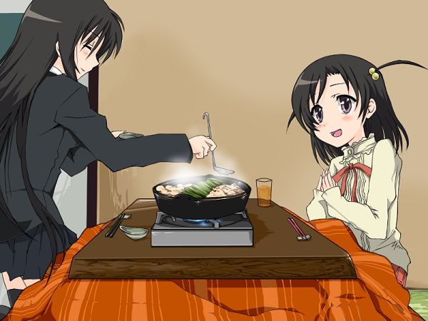 katsura kokoro, katsura kotonoha, school days, tagme, 00s, 2girls, black hair, blush, happy, kotatsu, long hair, multiple girls, smile, table