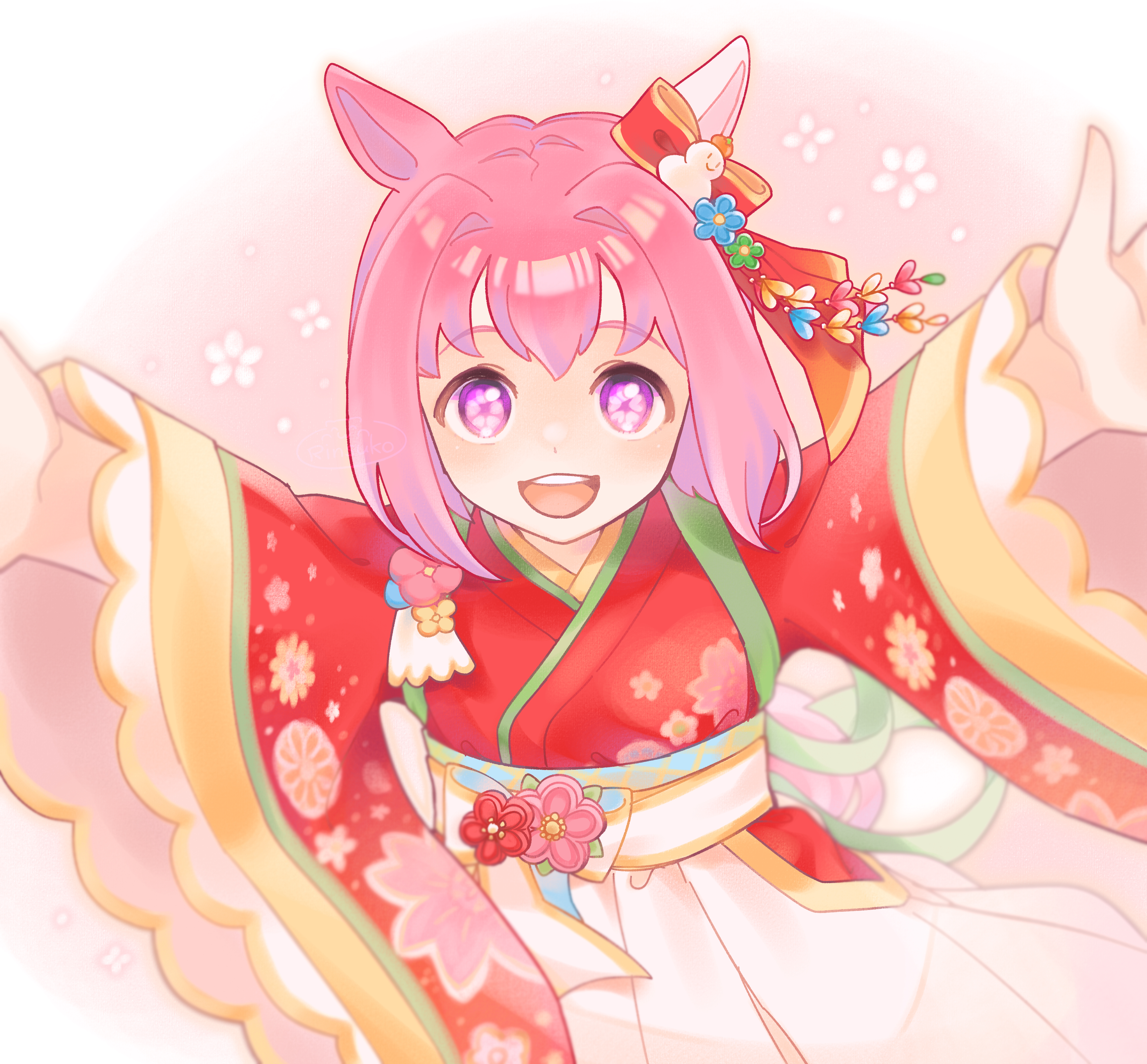 rinsuko, haru urara (first urara saku sakura) (umamusume), haru urara (umamusume), umamusume, absurdres, commentary request, highres, 1girl, animal ears, blush, bow, camellia print, ear bow, ear covers, floral print, flower, flower-shaped pupils, flower in eye, hakama, horse ears, horse girl, japanese clothes, kimono, long sleeves, looking at viewer, official alternate costume, open mouth, pink eyes, pink hair, pink hakama, reaching, reaching towards viewer, red kimono, short hair, single ear cover, smile, solo, symbol-shaped pupils, symbol in eye, teeth, upper teeth only, white hakama, wide sleeves