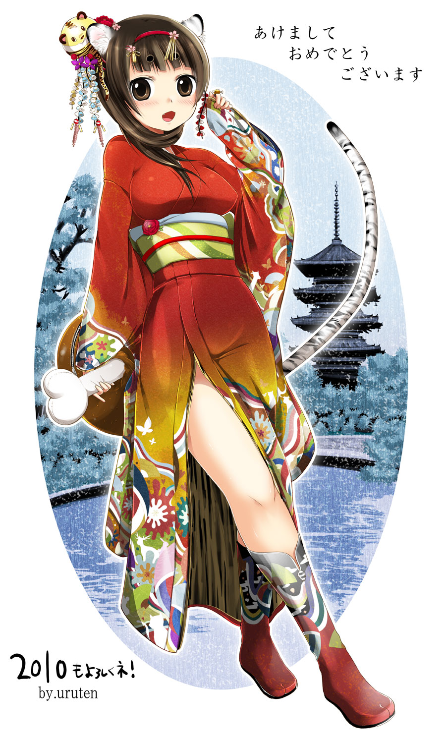 urute, highres, 10s, 2010, animal ears, blush, boned meat, boots, brown eyes, brown hair, fang, food, hairband, japanese clothes, kimono, legs, long hair, meat, new year, solo, tail